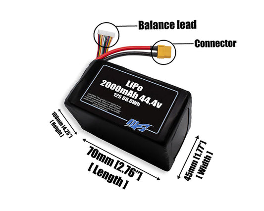 Size reference photo of the 2000mAh 44.4V LiPo pack showing 70 mm by 45 mm by X108mm dimensions ideal for drones or robotic systems where space matters.