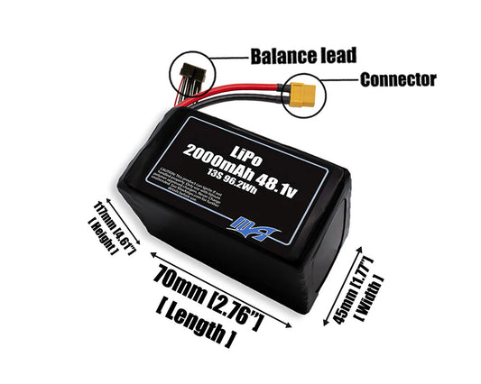 Size reference photo of the 2000mAh 48.1V LiPo pack showing 70 mm by 45 mm by 117 mm dimensions ideal for drones or robotic systems where space matters.