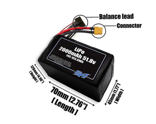 Size reference photo of the 2000mAh 51.8V LiPo pack showing 70 mm by 45 mm by 126 mm dimensions ideal for drones or robotic systems where space matters.