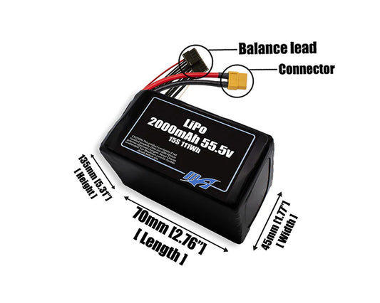 Size reference photo of the 2000mAh 55.5V LiPo pack showing 70 mm by 45 mm by 135 mm dimensions ideal for drones or robotic systems where space matters.