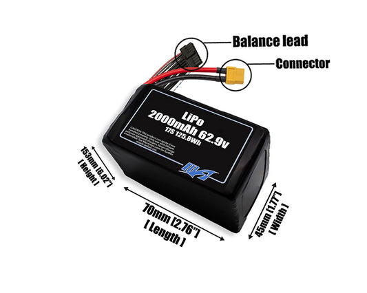 Size reference photo of the 2000mAh 62.9V LiPo pack showing 70 mm by 45 mm by 153 mm dimensions ideal for drones or robotic systems where space matters.