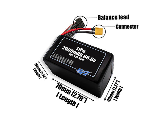 Size reference photo of the 2000mAh 66.6V LiPo pack showing 70 mm by 45 mm by 162 mm dimensions ideal for drones or robotic systems where space matters.