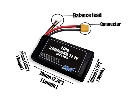 Size reference photo of the 2000mAh 11.1V LiPo pack showing 70 mm by 45 mm by 27 mm dimensions ideal for drones or robotic systems where space matters.