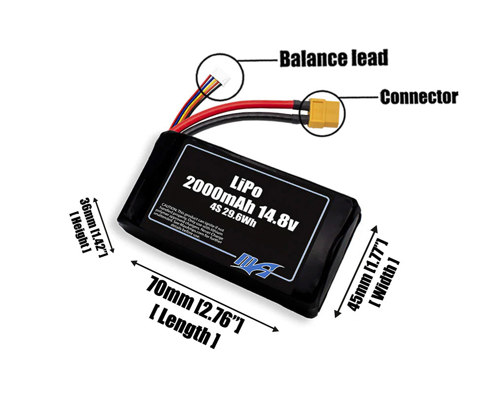 Size reference photo of the 2000mAh 14.8V LiPo pack showing 70 mm by 45 mm by 36 mm dimensions ideal for drones or robotic systems where space matters.