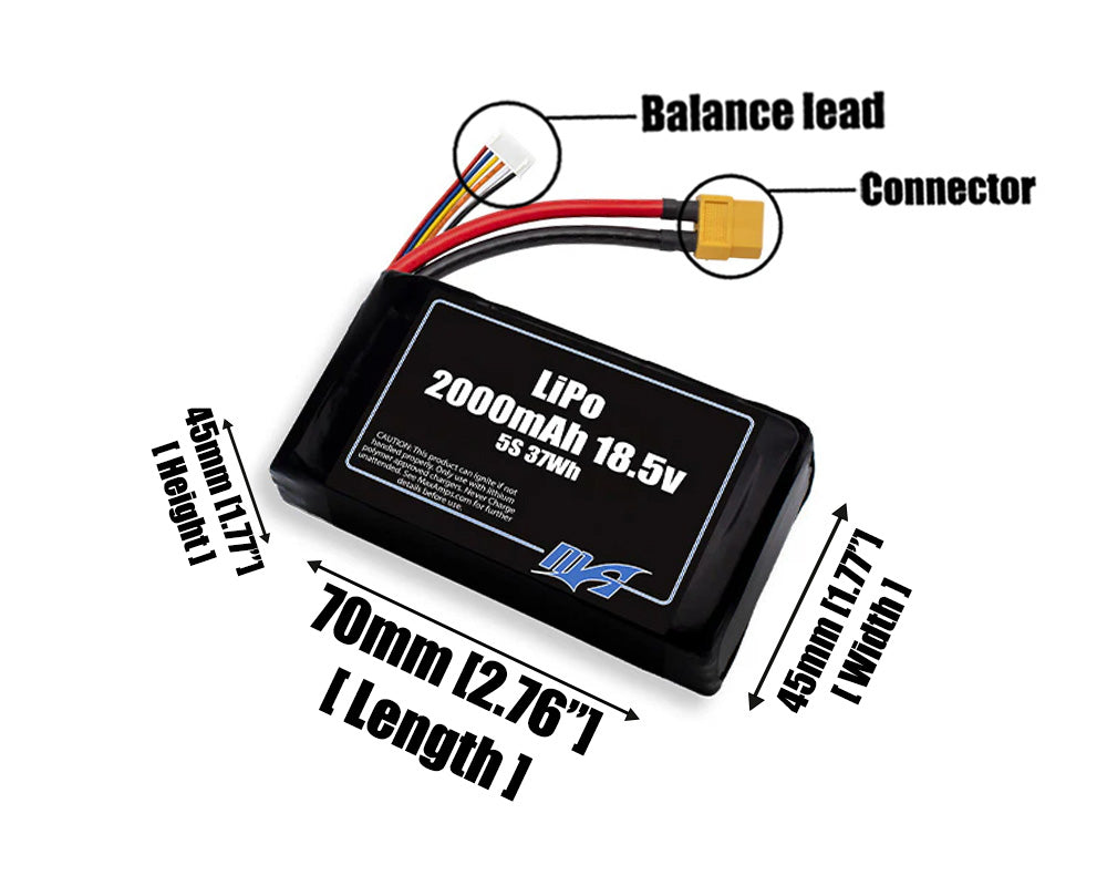 Size reference photo of the 2000mAh 18.5V LiPo pack showing 70 mm by 45 mm by 45 mm dimensions ideal for drones or robotic systems where space matters.
