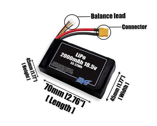 Size reference photo of the 2000mAh 18.5V LiPo pack showing 70 mm by 45 mm by 45 mm dimensions ideal for drones or robotic systems where space matters.