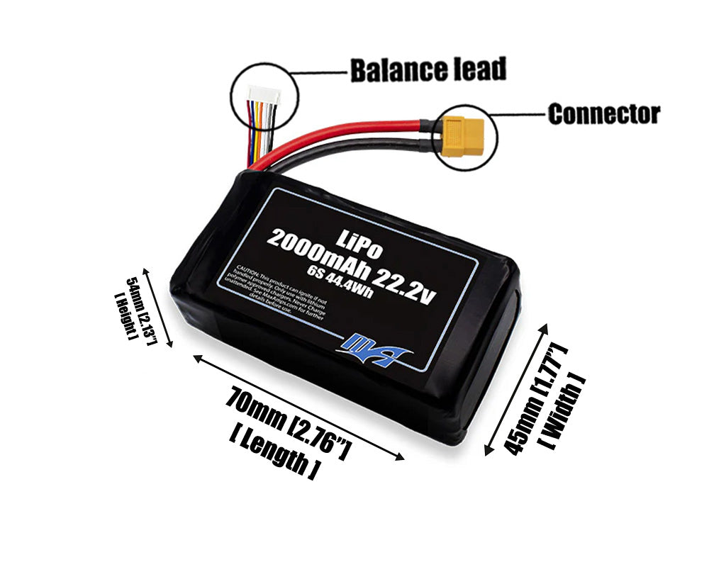 Size reference photo of the 2000mAh 22.2V LiPo pack showing 70 mm by 45 mm by 54 mm dimensions ideal for drones or robotic systems where space matters.