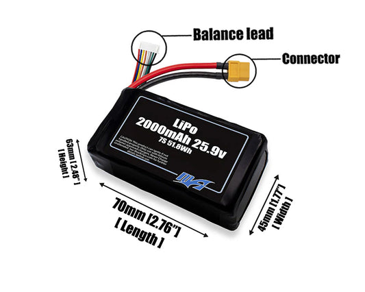 Size reference photo of the 2000mAh 25.9V LiPo pack showing 70 mm by 45 mm by 63 mm dimensions ideal for drones or robotic systems where space matters.