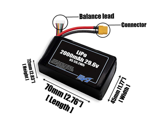 Size reference photo of the 2000mAh 29.6V LiPo pack showing 70 mm by 45 mm by 72 mm dimensions ideal for drones or robotic systems where space matters.