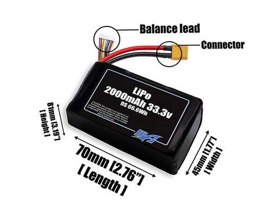 Size reference photo of the 2000mAh 33.3V LiPo pack showing 70 mm by 45 mm by 81 mm dimensions ideal for drones or robotic systems where space matters.