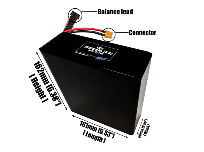 Size reference photo of the 22000mAh 33.3V LiPo pack showing 161 mm by 60 mm by 162 mm dimensions ideal for drones or large robotic systems where space matters.
