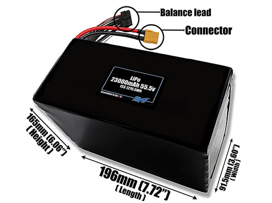 Size reference photo of the 23000mAh 55.5V LiPo pack showing 196 mm by 91.5 mm by 165 mm dimensions ideal for drones or large robotic systems where space matters.