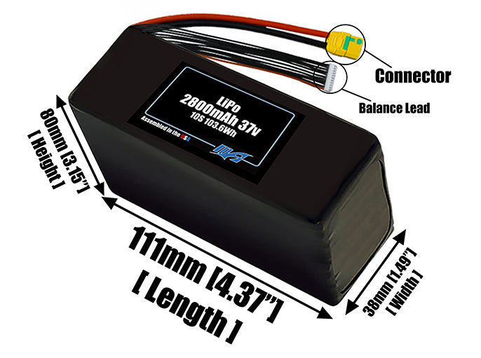 Size reference photo of the 2800mAh 37V LiPo pack showing 111 mm by 38 mm by 80 mm dimensions ideal for drones or small robotic systems where space matters.