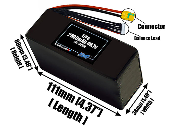 Size reference photo of the 2800mAh 40.7V LiPo pack showing 111 mm by 38 mm by 88 mm dimensions ideal for drones or small robotic systems where space matters.