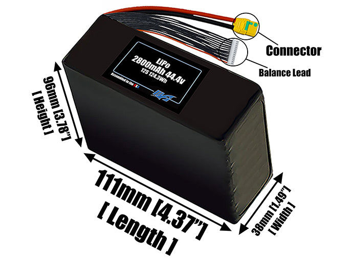 Size reference photo of the 2800mAh 44.4V LiPo pack showing 111 mm by 38 mm by 96 mm dimensions ideal for drones or small robotic systems where space matters.