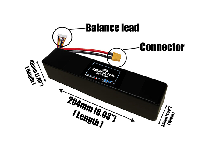 Size reference photo of the 2800mAh 44.4V LiPo pack showing 204 mm by 35 mm by 48 mm dimensions ideal for drones or large robotic systems where space matters.