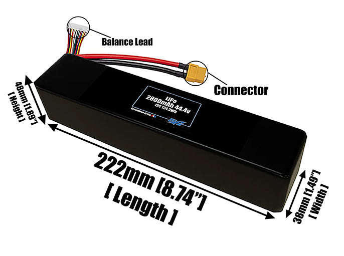 Size reference photo of the 2800mAh 44.4V LiPo pack showing 222 mm by 38 mm by 48 mm dimensions ideal for drones or large robotic systems where space matters.