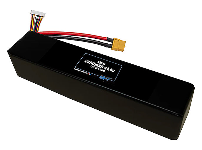 Compact 44.4-volt 2800mAh lithium-polymer end to end battery, built for lightweight drone, UAV, and robotics projects.