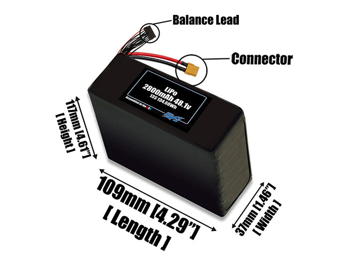 Size reference photo of the 2800mAh 48.1V LiPo pack showing 109 mm by 37 mm by 117 mm dimensions ideal for drones or small robotic systems where space matters.