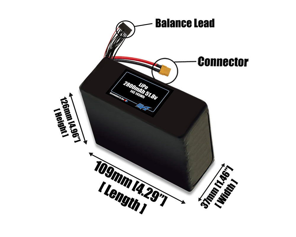 Size reference photo of the 2800mAh 51.8V LiPo pack showing 109 mm by 37 mm by 126 mm dimensions ideal for drones or small robotic systems where space matters.