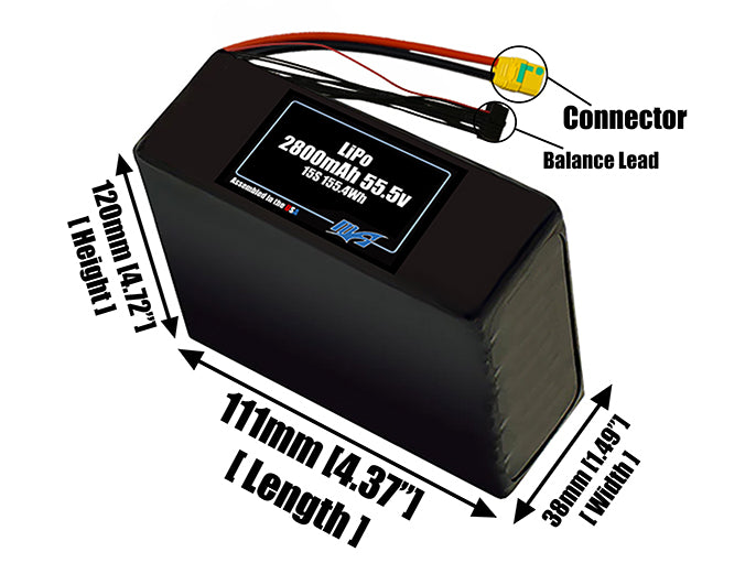 Size reference photo of the 2800mAh 55.5V LiPo pack showing 111 mm by 38 mm by 120 mm dimensions ideal for drones or small robotic systems where space matters.