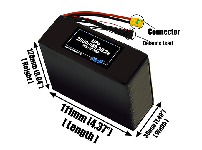 Size reference photo of the 2800mAh 59.2V LiPo pack showing 111 mm by 38 mm by 128 mm dimensions ideal for drones or small robotic systems where space matters.