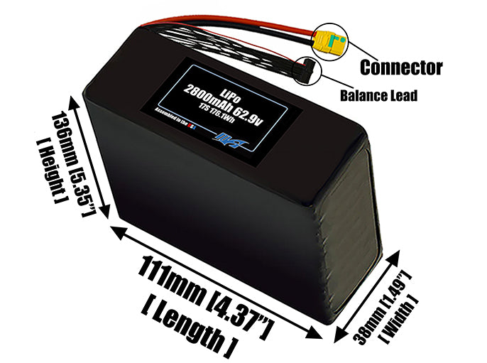 Size reference photo of the 2800mAh 62.9V LiPo pack showing 111 mm by 38 mm by 136 mm dimensions ideal for drones or small robotic systems where space matters.