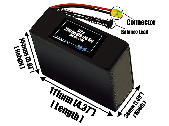 Size reference photo of the 2800mAh 66.6V LiPo pack showing 111 mm by 38 mm by 144 mm dimensions ideal for drones or small robotic systems where space matters.
