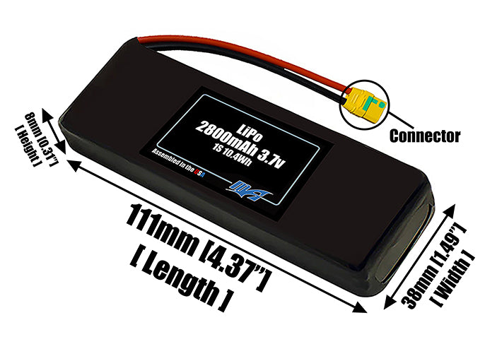 Size reference photo of the 2800mAh 3.7V LiPo pack showing 111 mm by 38 mm by 8 mm dimensions ideal for drones or small robotic systems where space matters.