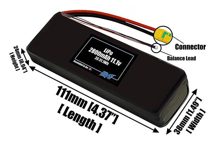 Size reference photo of the 2800mAh 11.1V LiPo pack showing 111 mm by 38 mm by 24 mm dimensions ideal for drones or small robotic systems where space matters.