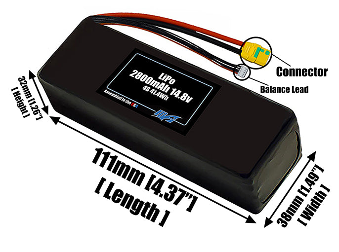 Size reference photo of the 2800mAh 14.8V LiPo pack showing 111 mm by 38 mm by 32 mm dimensions ideal for drones or small robotic systems where space matters.