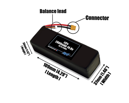Size reference photo of the 2800mAh 14.8V LiPo pack showing 109 mm by 37 mm by 36 mm dimensions ideal for drones or small robotic systems where space matters.