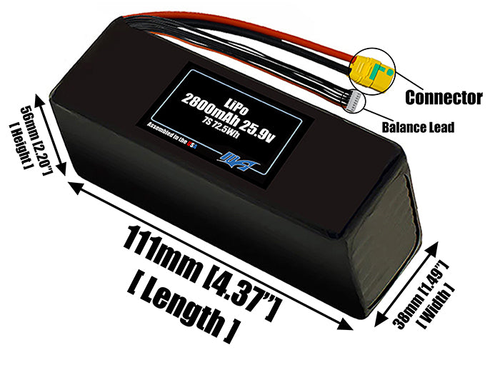 Size reference photo of the 2800mAh 25.9V LiPo pack showing 111 mm by 38 mm by 56 mm dimensions ideal for drones or small robotic systems where space matters.