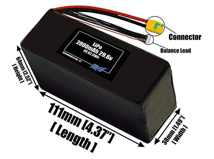 Size reference photo of the 2800mAh 29.6V LiPo pack showing 111 mm by 38 mm by 64 mm dimensions ideal for drones or small robotic systems where space matters.