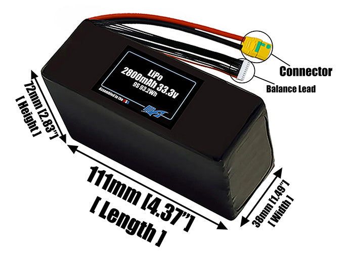 Size reference photo of the 2800mAh 33.3V LiPo pack showing 111 mm by 38 mm by 72 mm dimensions ideal for drones or small robotic systems where space matters.