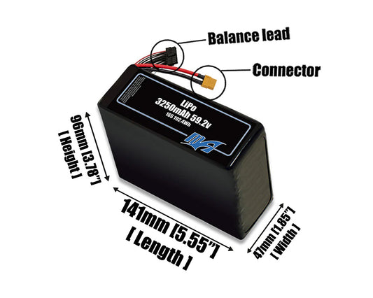 Size reference photo of the 3250mAh 59.2V LiPo pack showing 141 mm by 47 mm by 96 mm dimensions ideal for drones or small robotic systems where space matters.