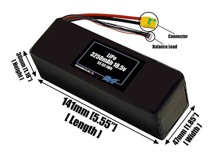 Size reference photo of the 3250mAh 18.5V LiPo pack showing 141 mm by 47 mm by 30 mm dimensions ideal for drones or small robotic systems where space matters.