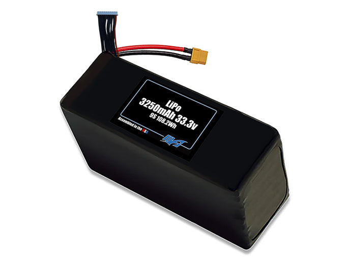 Compact 33.3-volt 3250mAh lithium-polymer battery, built for lightweight drone, UAV, and robotics projects.