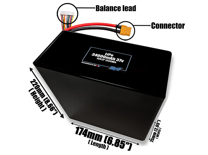 Size reference photo of the 34000mAh 37V LiPo pack showing 174 mm by 75 mm by 220 mm dimensions ideal for drones or large robotic systems where space matters.