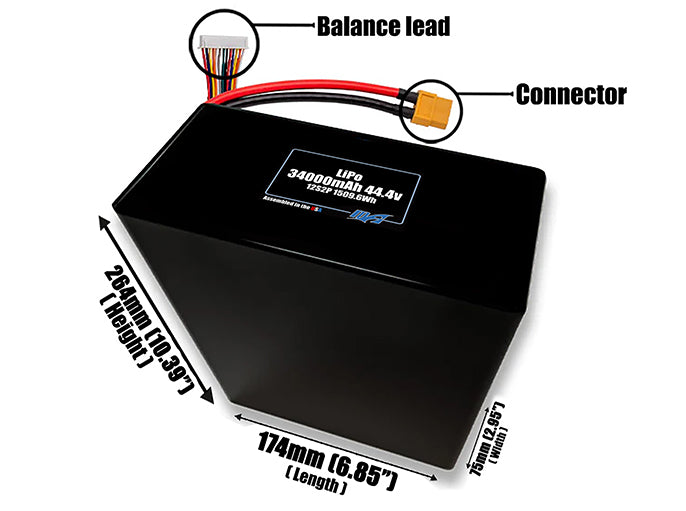 Size reference photo of the 34000mAh 44.4V LiPo pack showing 174 mm by 75 mm by 264 mm dimensions ideal for drones or large robotic systems where space matters.
