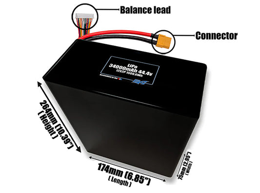 Size reference photo of the 34000mAh 44.4V LiPo pack showing 174 mm by 75 mm by 264 mm dimensions ideal for drones or large robotic systems where space matters.