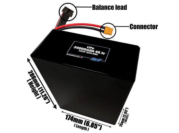 Size reference photo of the 34000mAh 48.1V LiPo pack showing 174 mm by 75 mm by 286 mm dimensions ideal for drones or large robotic systems where space matters.