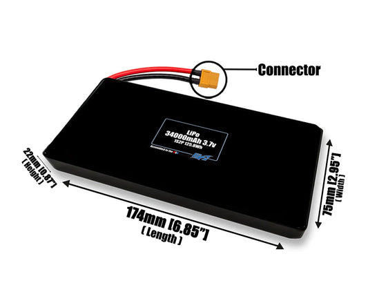 Size reference photo of the 34000mAh 3.7V LiPo pack showing 174 mm by 75 mm by 22 mm dimensions ideal for drones or large robotic systems where space matters.