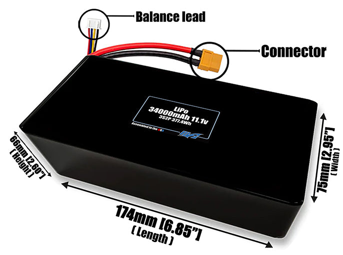 Size reference photo of the 34000mAh 11.1V LiPo pack showing 174 mm by 75 mm by 66 mm dimensions ideal for drones or large robotic systems where space matters.