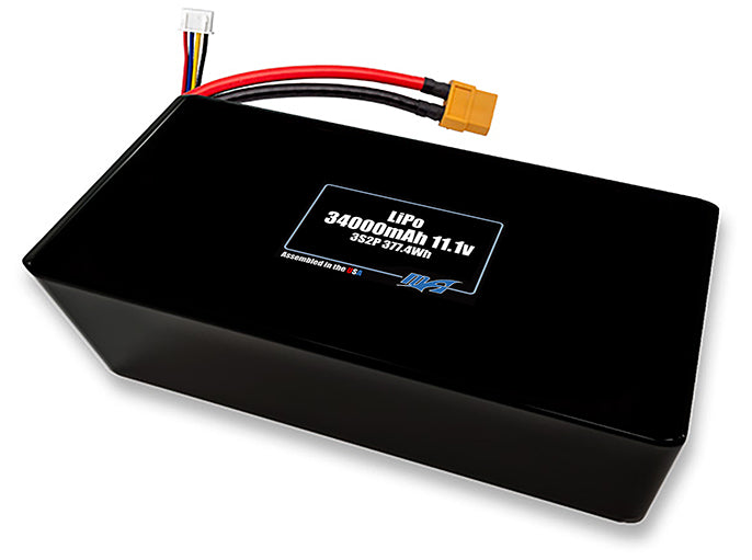 Compact 11.1-volt 34000mAh lithium-polymer battery, built for lightweight drone, UAV, and robotics projects.