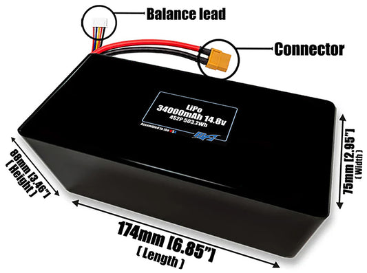 Size reference photo of the 34000mAh 14.8V LiPo pack showing 174 mm by 75 mm by 88 mm dimensions ideal for drones or large robotic systems where space matters.