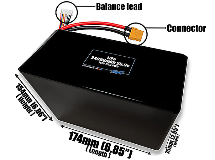 Size reference photo of the 34000mAh 25.9V LiPo pack showing 174 mm by 75 mm by 154 mm dimensions ideal for drones or large robotic systems where space matters.