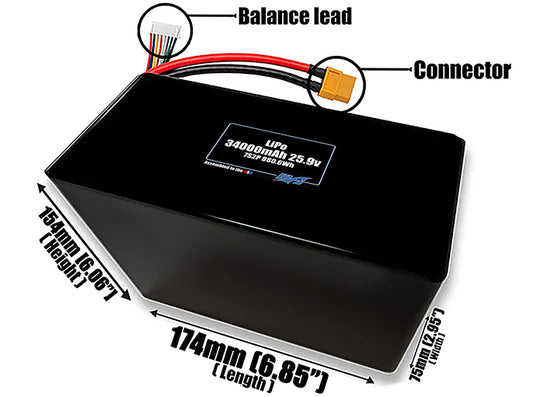 Size reference photo of the 34000mAh 25.9V LiPo pack showing 174 mm by 75 mm by 154 mm dimensions ideal for drones or large robotic systems where space matters.