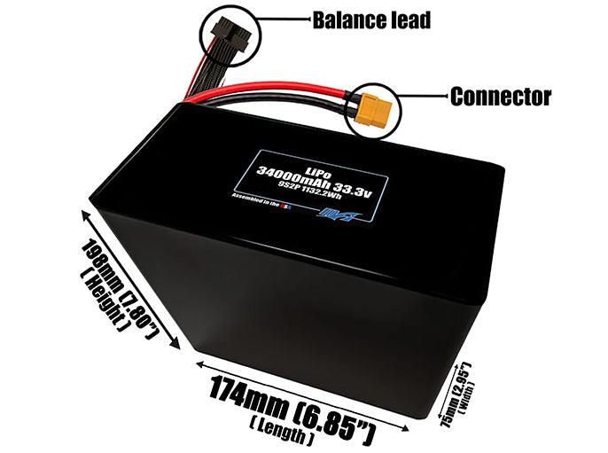Size reference photo of the 34000mAh 33.3V LiPo pack showing 174 mm by 75 mm by 198 mm dimensions ideal for drones or large robotic systems where space matters.