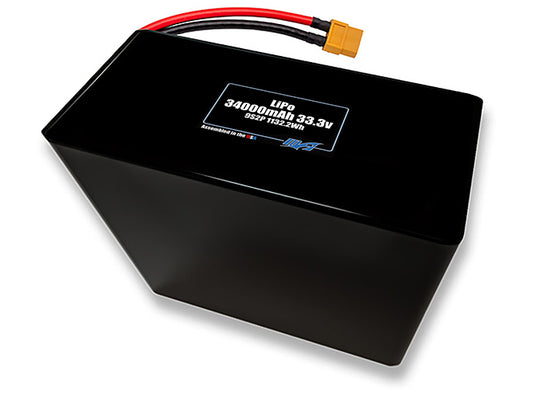 Compact 33.3-volt 34000mAh lithium-polymer battery, built for lightweight drone, UAV, and robotics projects.